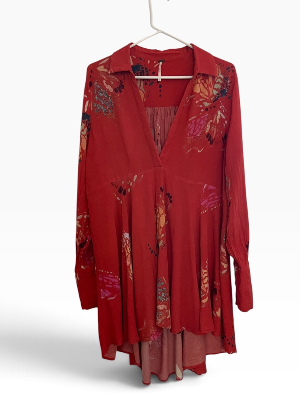 Flowing Free People Red Floral Long-Sleeve Tunic Dress